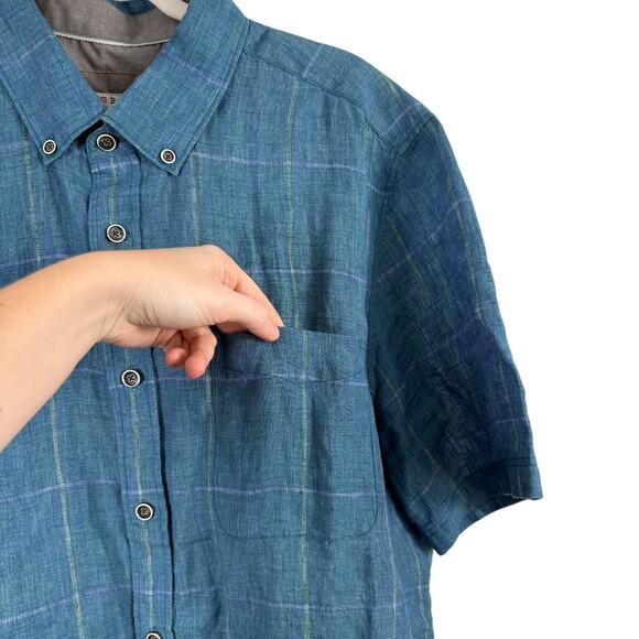 32 Bar Blues Blue Plaid 100% Linen Short Sleeve Button Down Shirt Mens Large - Picture 2 of 5